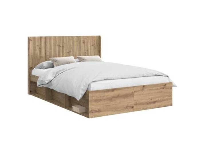 PUGYNBK Bettgestell mit Stauraum und Kopfteil Eiche Artisan Lattenrost, langlebiger Ständer, Seitenfächer, minimalistisches Design, einfache Reinigung