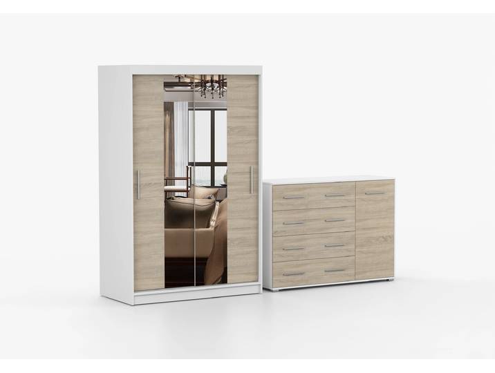 Schwebetürenschrank und Kommode 2er-Set NEOMI 01/FRIDA 02 Weiß Sonoma Eiche