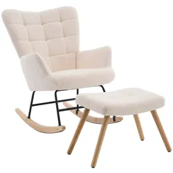 OKWISH Schaukelstuhl Lammwolle Beige mit Fußhocker, 91 x 61 x 88 cm