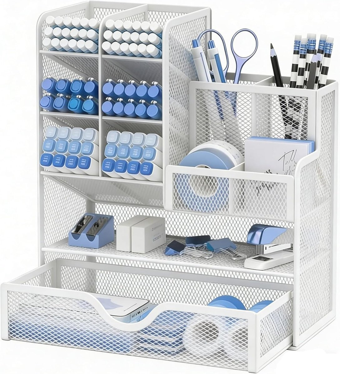 Multifunctionele Pennenhouder met Lade voor Bureau en Kantoor, Wit
