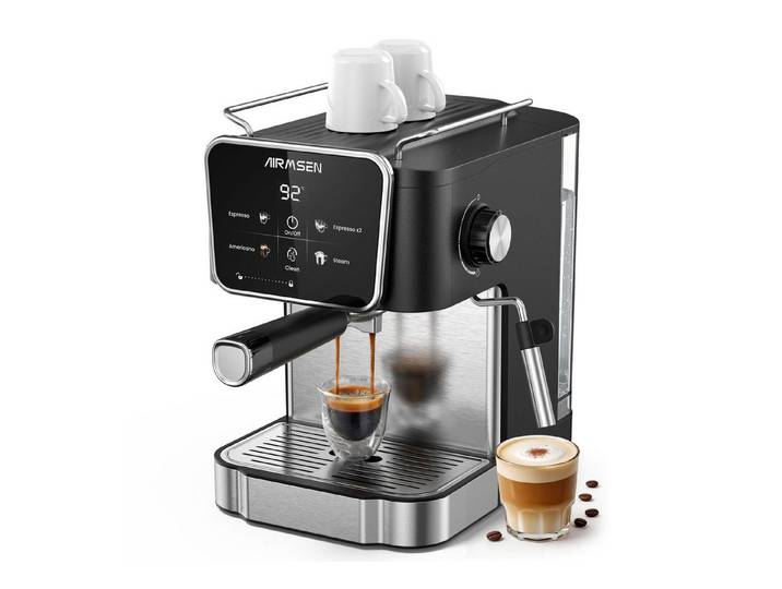 Airmsen Espressomaschine 20 Bar Siebträgermaschinen mit Milchaufschäumdüse,LCD-Touchscreen, 1.8L Wassertank, für Espresso, Cappuccino & Latte Macchiato für Zuhause
