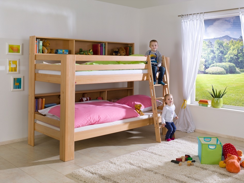 Etagenbett Jan Buche Natur lackiert mit Bücherregal 90x200 cm