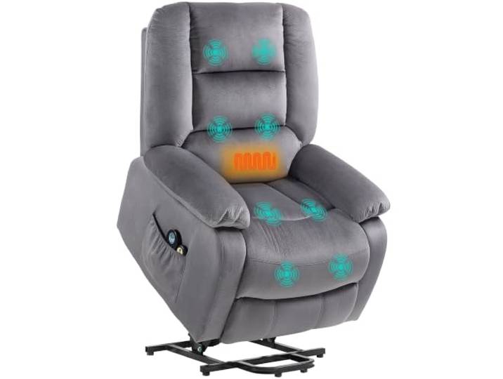 HOMCOM Fernsehsessel mit Aufstehhilfe Elektrisch Relaxsessel Dunkelgrau Liegefunktion, Wärmefunktion, Massagefunktion, Massagesessel, Fernbedienung, Seitentasche, Fußteil, Samtoptik