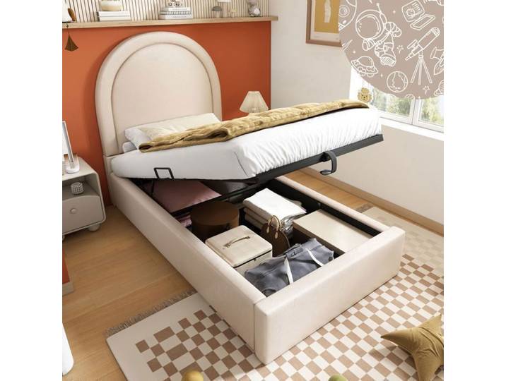 Lit enfant 90x190cm avec motif cosmique d'enfant rembourr Lit simple - Lit coffre - PU Beige