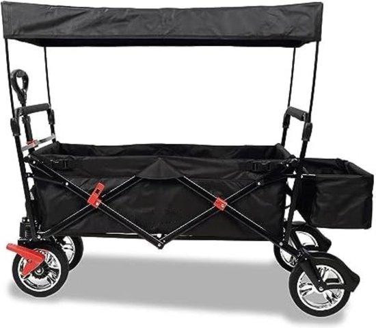 Zwarte inklapbare kinderwagen met duwstang en steel frame