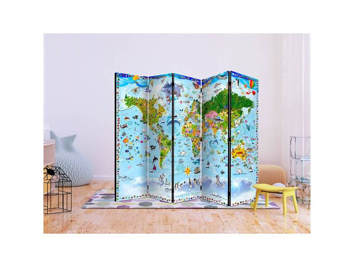 Paravent World Map for Kids II 5 élém. Intissé en pin massif, naturel Multicolore 225 x 172cm