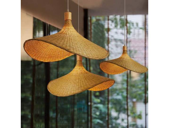 Lampe suspendue en bambou tressé, abat-jour en rotin, lampe suspendue tissée à la main, lustre en forme de chapeau de 50 cm, lampe suspendue E27 pour la maison