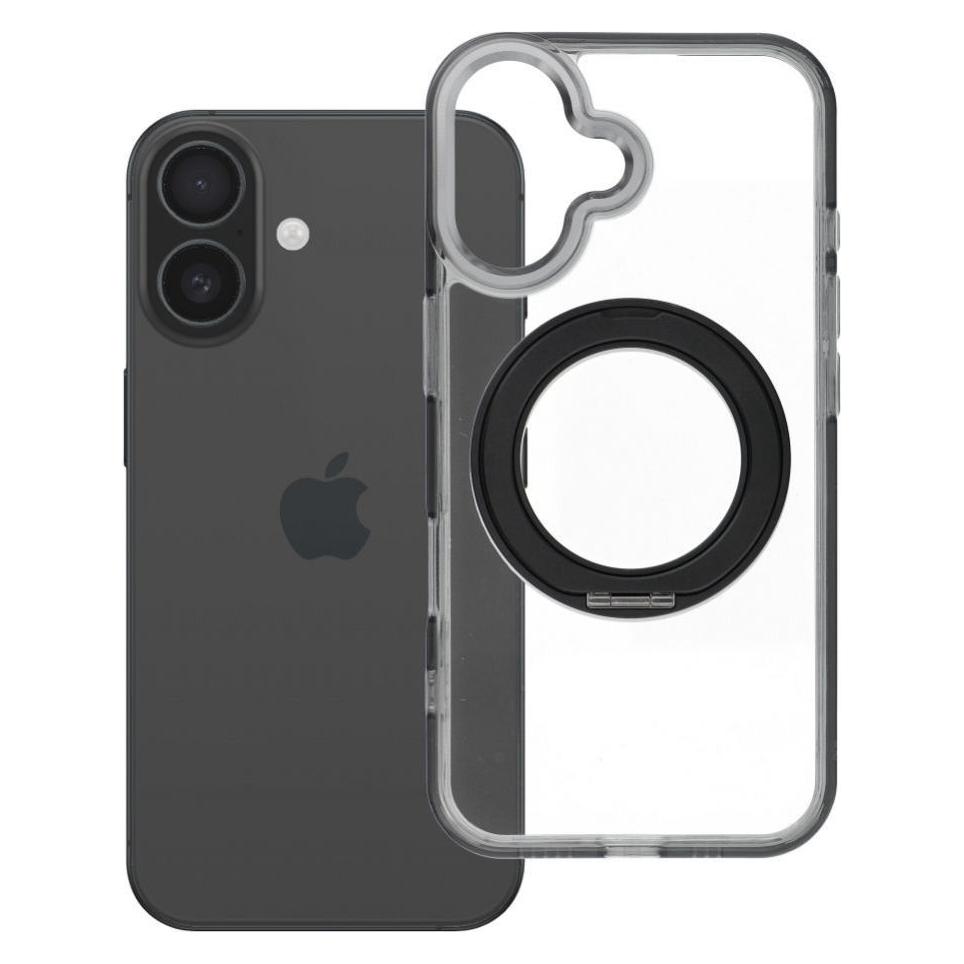 OEM Schutzglashülle für iPhone 16 mit Rahmen und runden Ständer, kompatibel mit MagSafe, schwarz (Apple iPhone 16) (76463793)