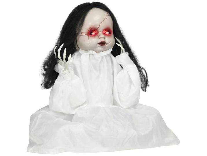 Homcom Halloween Dekoration 60cm Springende Mörderpuppe mit Rote Augen, Soundfunktion, Weiß, Kunststoff, 15x60x60 cm, Dekoration