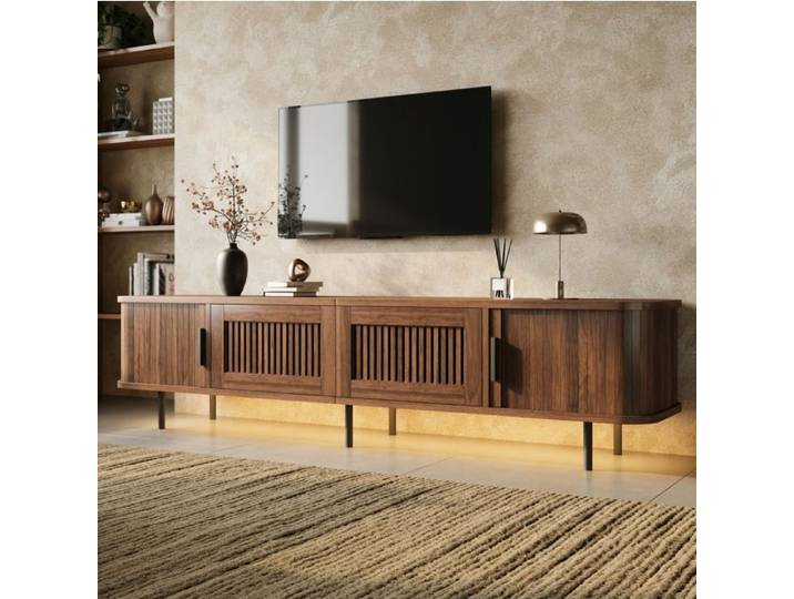 COVREO Meuble TV bas 180 cm effet noyer 2 tiroirs 2 portes coulissantes LED par application