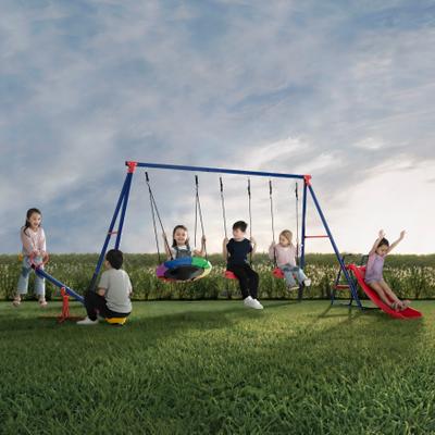 Delta Children FunZone Outdoor Metal 6-Piece Swing Set - 2 Swings, 1 Saucer Swing, Slide and Seesaw/Teeter Totter