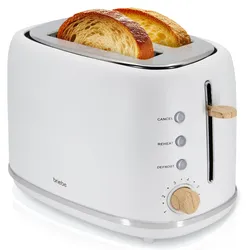 Briebe Nordic Toaster 2 Scheiben Breite Schlitze mit Brötchenaufsatz, 6 Toast Stufen, TA1166WHT, Weiß, 870W