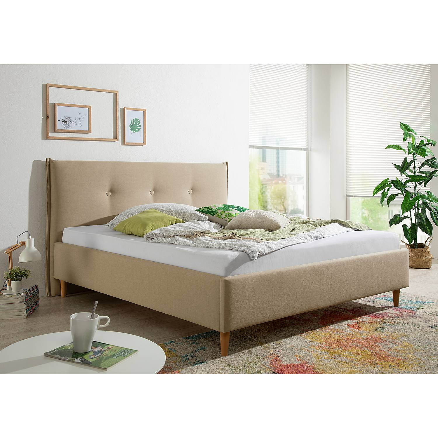 home24 Windham Gestoffeerd bed met structuurstof beige, 200 x 200 cm