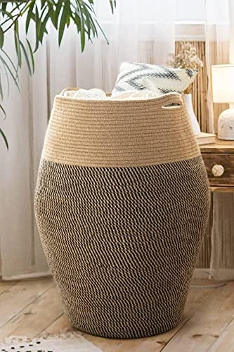 Goodpick Wasmand Gevlochten Katoenen Touw Jute en Zwart Hoogte: 65 cm