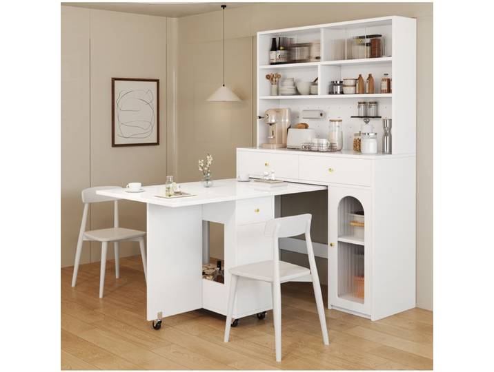 Meuble de cuisine multifonction avec plan de travail 2 tiroirs étagère réglable et rangements ouverts blanc