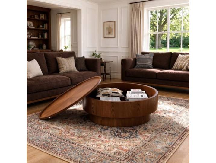 Runder Couchtisch in Trommelform Mit Stauraum Runder Couchtisch Im Mid-Century-Modern-Stil – Runder Wohnzimmertisch Im Farmhouse-Stil Mit Geriffeltem Design, Für Wohnungen