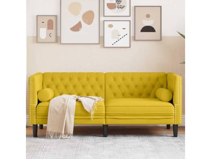 HEFZGDB Gelber Samt Chesterfield Sofa 2-Sitzer mit Nackenrollen, Polsterung und Stützbeinen für Wohnzimmer Komfort, Velours Bezug und Klassische Knopfheftung