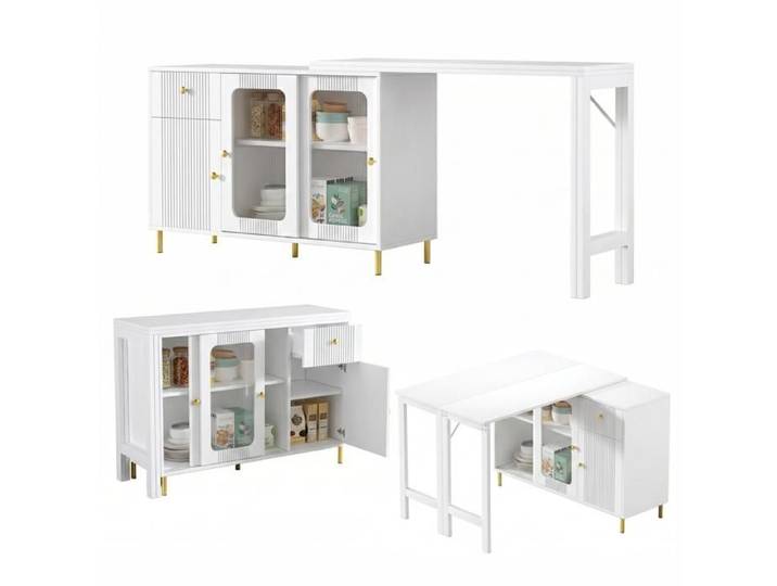 Buffet extensible - FURNITURER - 122 x 40/80 x 82 cm - Blanc - Transformable en table - Nombreux rangements