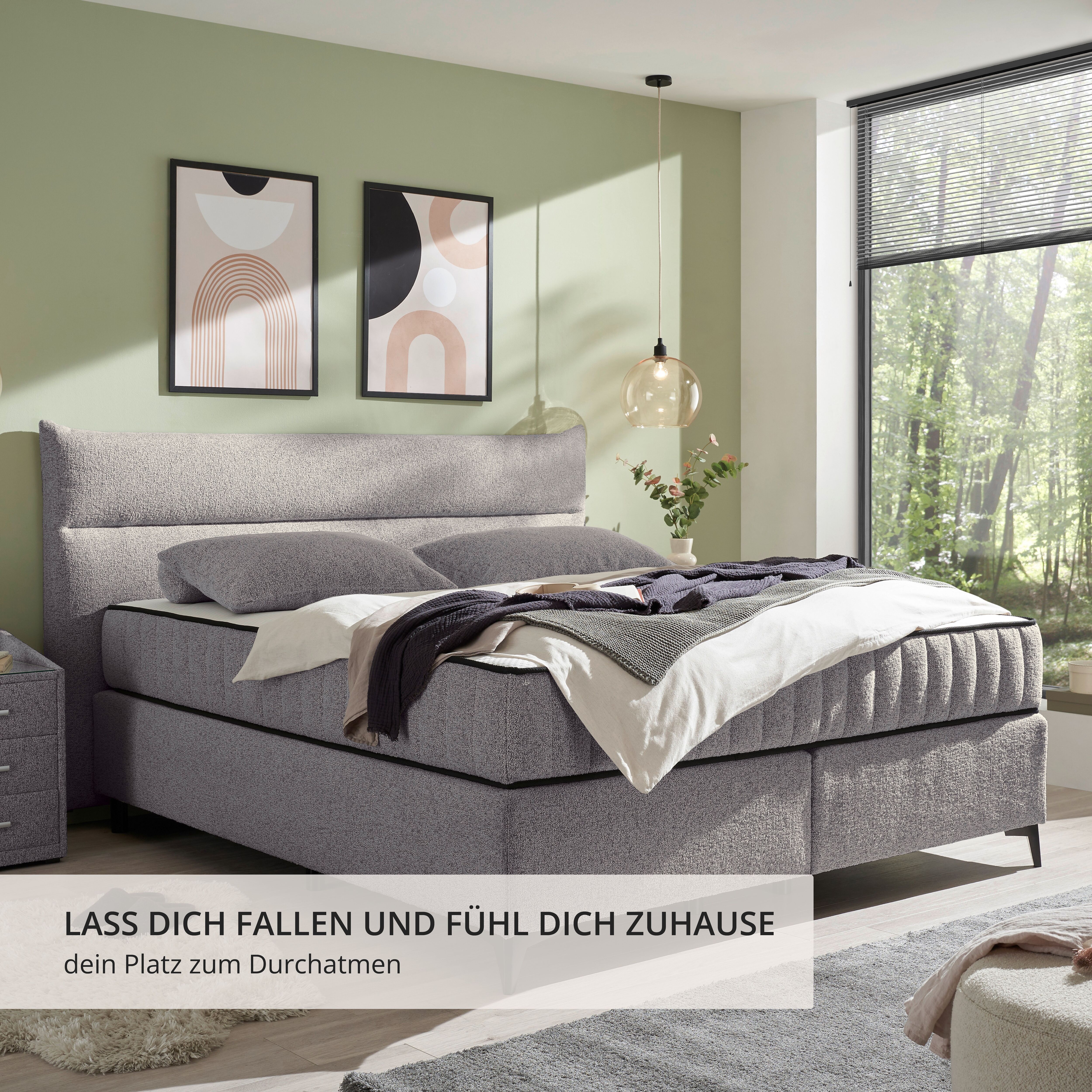 Boxspringbett ED EXCITING DESIGN "Vlieland", grau, B:210cm L:214cm, 95% Polyester, 5% Cotton, Komplettbetten, Boxspringbett, Premium 9-Zonen-Tonnentaschenfederkern Duo-Matratze mit Kokosmatte
