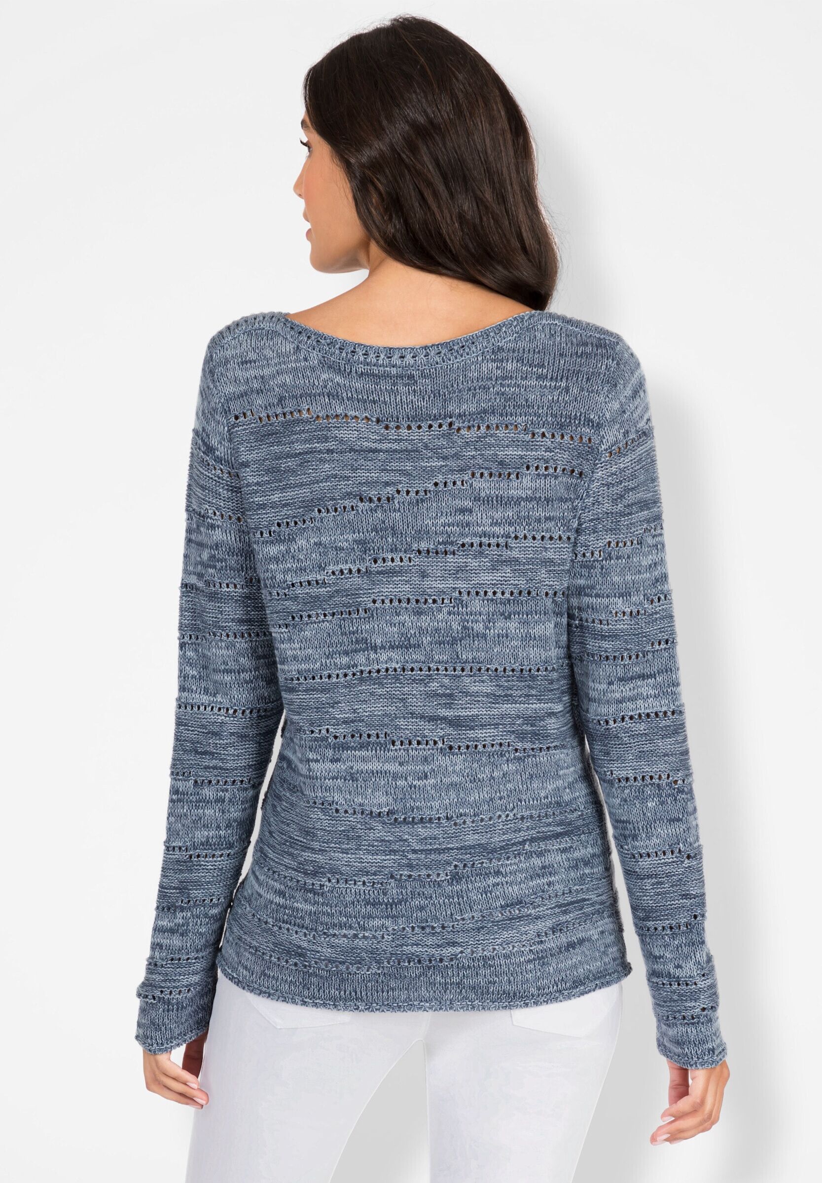 Strickpullover WITT "Pullover Strickpullover mit Ajourmuster", Damen, Gr. 44, blau (rauchblau, meliert), Strick, , Modisch, U-Boot-Ausschnitt, Pullover Strickpullover