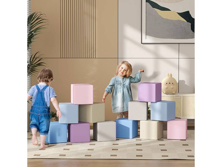 HOMCOM Softbausteine, 12 Cubes de 20 x 20 x 20 cm, Facile à Nettoyer, Sécurité Enfant, pour 1-3 Ans, Similicuir