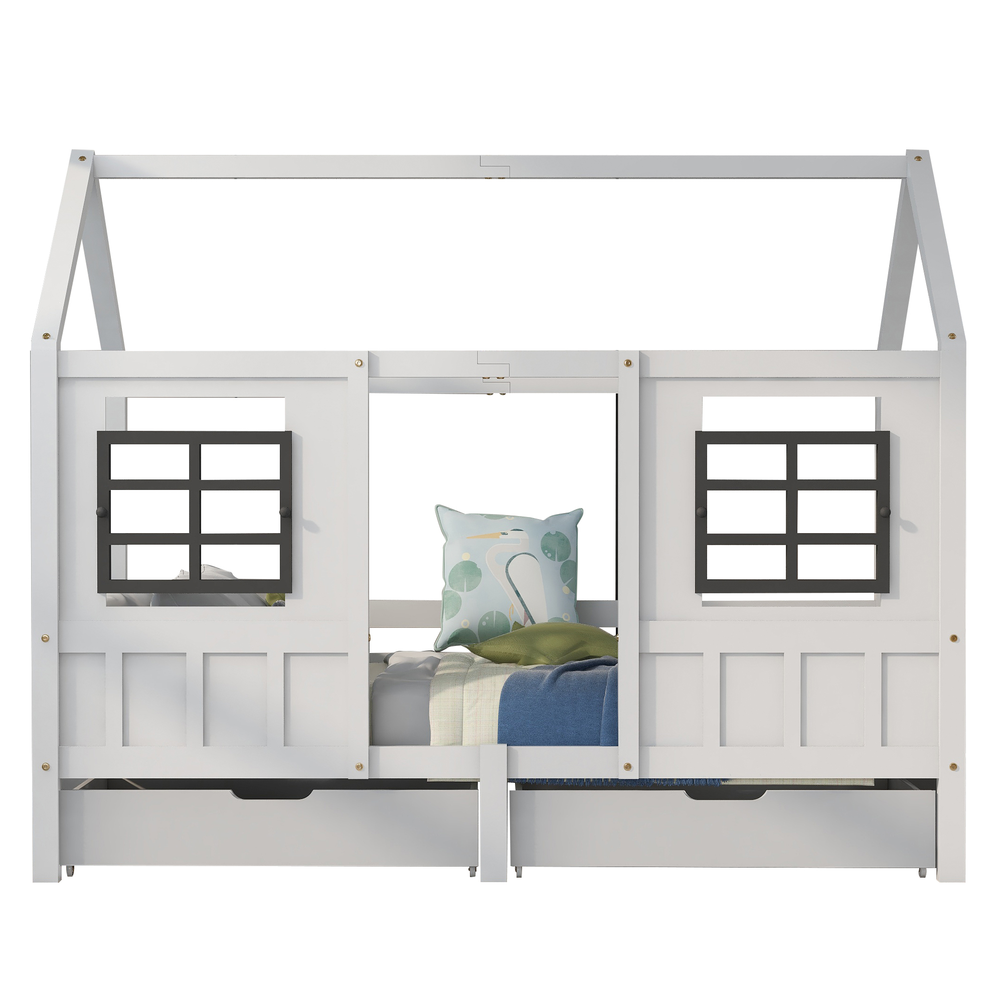 MODFU Kinderbetten 90x200cm Hausbett Einzelbett Jugendbetten ohne Matratze mit 2 Fenstern, Rahmen aus Kiefer, MDF