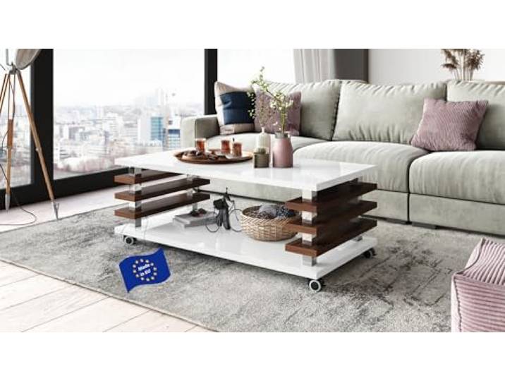 Carl Svensson Couchtisch DC-3 Weiß Hochglanz / Nussbaum 120x60cm mit Ablage modern stabil vielseitig Wohnzimmertisch Beistelltisch Sofatisch Zeitloses platzsparend robust Wohnzimmer mit Rollen