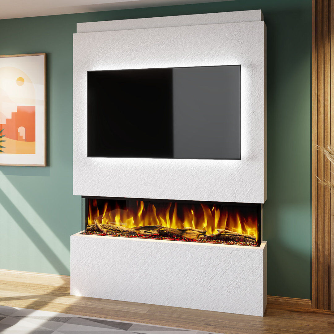 Evolution Fires Pre-Built Media Wall Package 19, finished in textured Venetian Plaster, includes Spectrum Series 50 Series 3-Sided Electric Fireplace White 199cm H X 137cm W X 31cm D