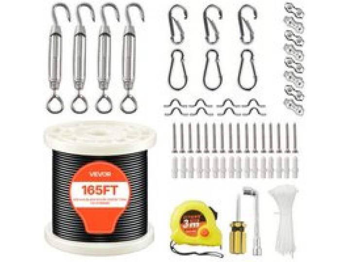 VEVOR Câble Acier Inoxydable 2,38 mm x 50,3 m Cable Inox 304 Kit Fil Tressé Inox Enduit PVC pour Garde-corps Terrasse, Treillis de Jardin, Guirlandes Lumineuses, Résistance à Rupture 2 kN, 7x7 Brins