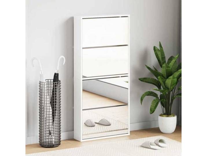 Blanc Casiers à chaussures - Armoire à chaussures miroir 4 niveaux blanc brillant C2333