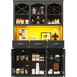 OKWISH Küchenschrank Hochschrank 120x40x180 cm mit LED-Beleuchtung, 3 Türen und 3 Schubladen, verstellbare Einlegeböden, Schwarz