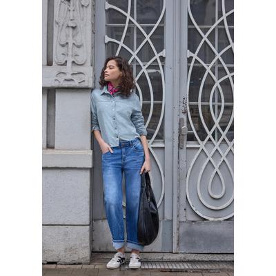 Langarmbluse STREET ONE STUDIO, Damen, Gr. 44, blau (light blau laser washed), Web, 100% Baumwolle, gemustert, normal normal, V-Ausschnitt, Bündchen, Blusen, aus reiner Baumwolle