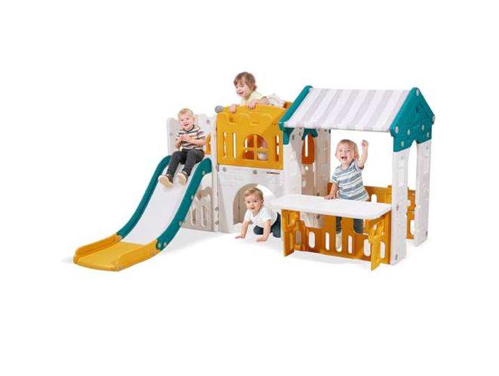 VEVOR Maisonnette pour Enfants\, Maison de Jeu Extérieur pour Tout-Petits à Partir de 1 an\, Cabine de Jardin pour Enfants avec Toboggan\, Ballon de Basket\, Télescope\, Volant\, Tunnel Rampant\, Vitrine