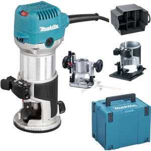 Makita Oberfräse RT0702CX2J, Netzbetrieb, 710 W, 0-40 mm Frästiefe, Kanten-& Winkelfräsmodul, Schaft-Ø 6 - 8mm