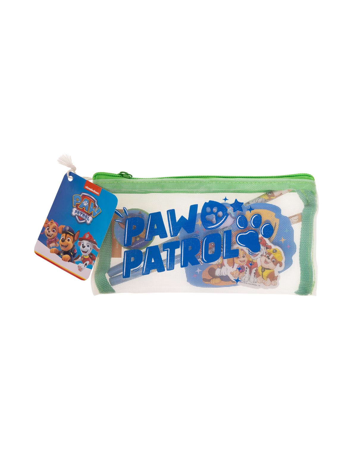 Euromic PAW PATROL Filled MESH pencil pouch w/stationery articles: 2 triangular pencils 1 round sharpener 1 shaped eraser 1 shaped memo pad. Size of pencil pouch L 20 cm H 9.5 cm