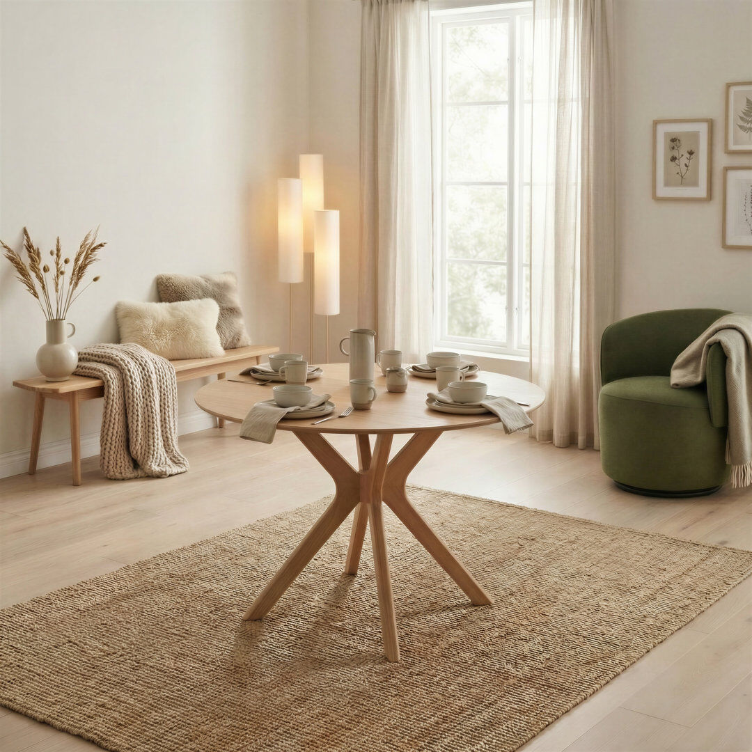 Canora Grey Metteman Circular Oak Veneer 6 Seater Dining Table With Bevelled Edge - Starburst Leg Design Brown