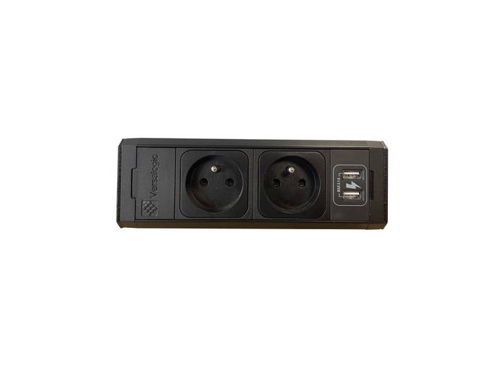 Bloc prise VersaDesk avec fixation, 2 prises électriques + 2 ports USB, câble d’alimentation 3m - Noir