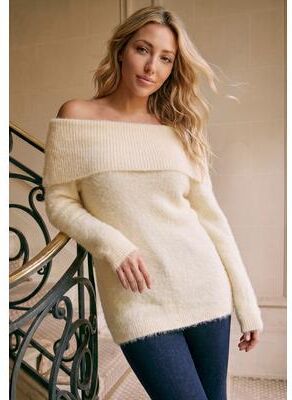 Plus Size Women's Plus Size Eyelash Off-the-Shoulder Sweater by Roaman's in Ivory (Size S)