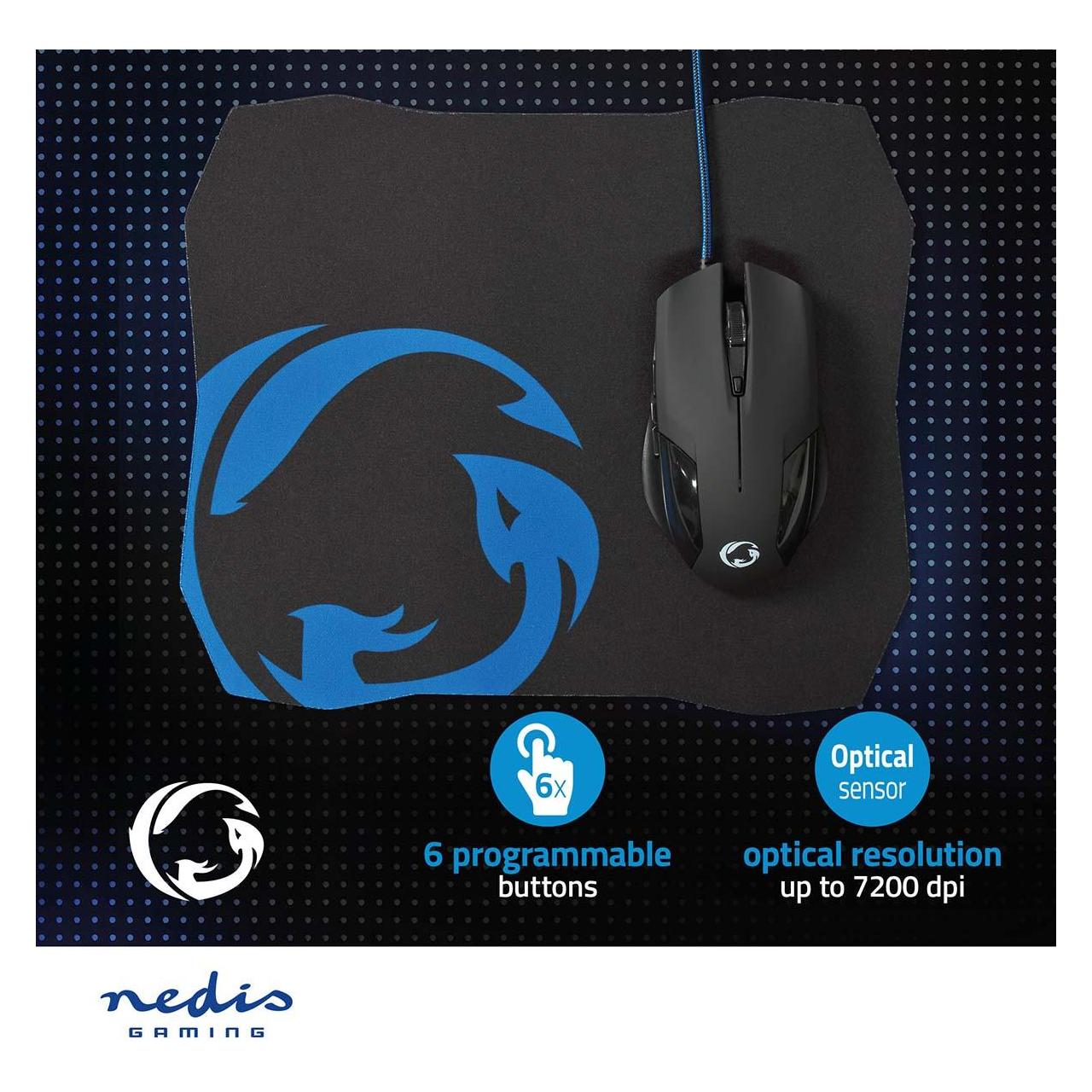 Nedis Gaming Mouse & Mouse Pad Set | Verdrahtet | 1200 / 2400 / 4800 / 7200 dpi | Einstellbar DPI | (Kabelgebunden) (GMMP110BK)