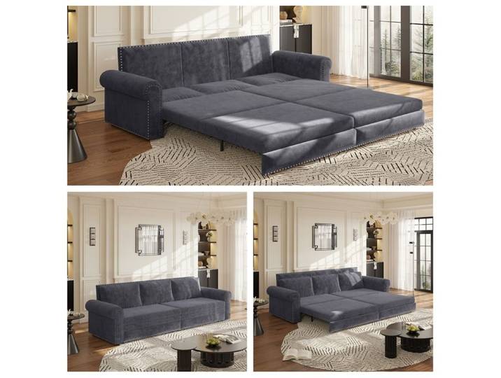 ELVORIN Canapé-lit 3 places convertible 3-en-1 238 x 90 x 98 cm velours gris accoudoirs roulés