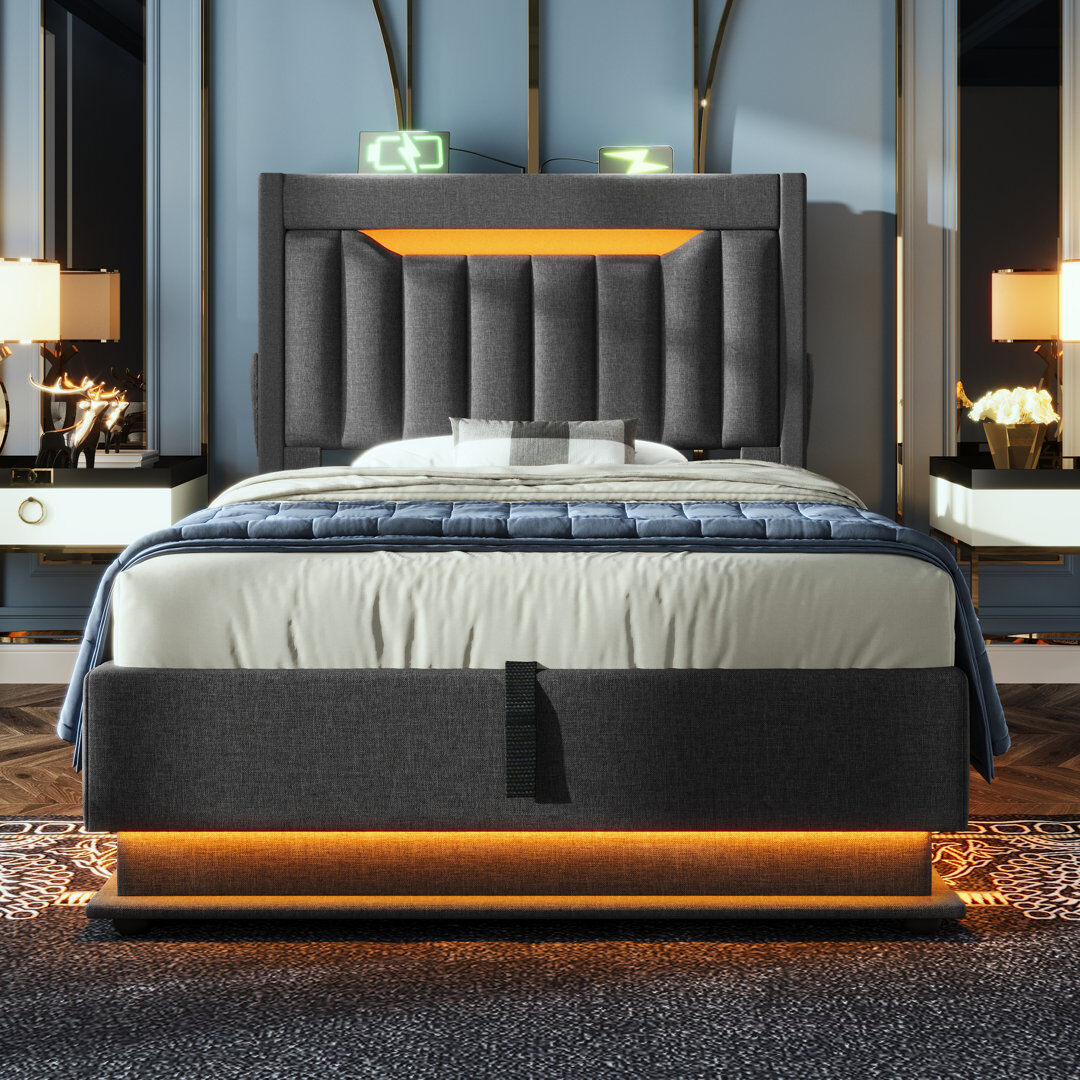 Ivy Bronx Upholstered Linen Lift Up Storage Ottoman Bed Grey Single(3')