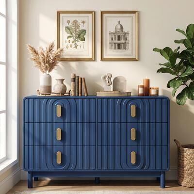 Royalcraft Art Deco Collection Blue/Beige/Black MDF Fluted 6 Drawer Dresser with Anti-Tip Device
