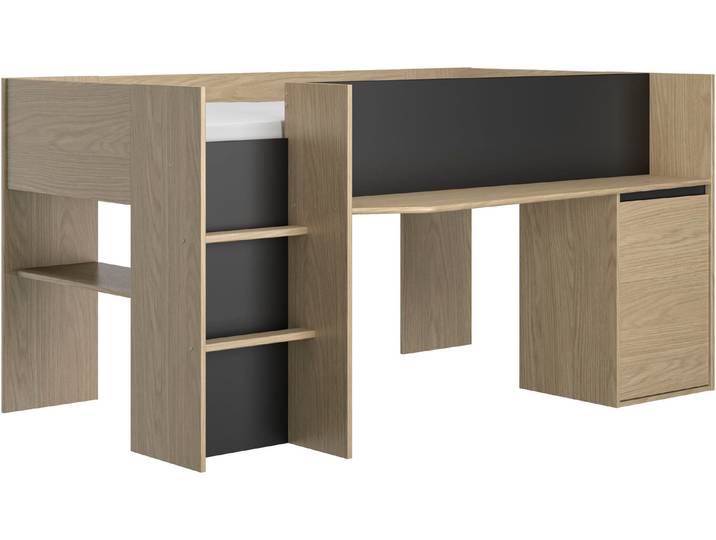 Hochbett GAMI Nael , braun (eiche rookwood nachbildung, schwarz, eiche rookwood nachbildung, eiche rookwood nachbildung), B:133cm H:107cm L:205cm, Hochbetten, Hochbett, Hochbett 90 / 200 mit Schreibtisch