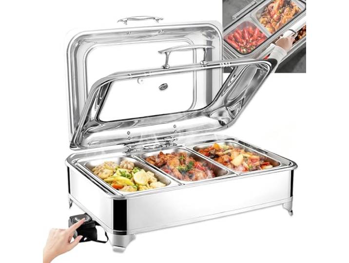 Aocay Chafing Dish Elektrisch 9L, Edelstahl(1/3 Pan) Speisewärmer Buffetwärmer Elektrisch mit Sichtbarem Glasdeckel, Warmhaltebehälter Essen Elektrisch Einstellbarer Temperatur
