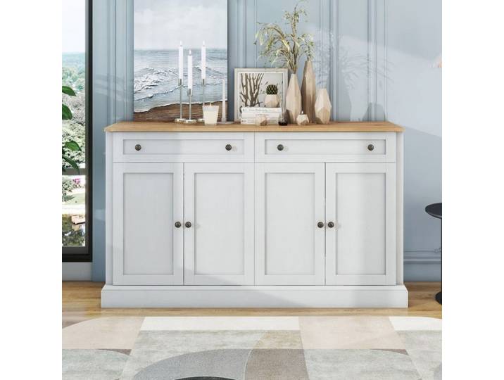 Buffet - PARIS - Commode bahut - 4 portes - 2 tiroirs - Bois massif blanc et brun