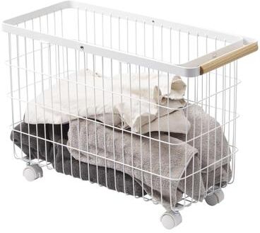 Yamazaki Home Rolling Wire Basket, Steel and Wood, 9.2 gallons, 35L, Holds 11 lbs - L 9.84 x W 21.85 x H 14.76 inches