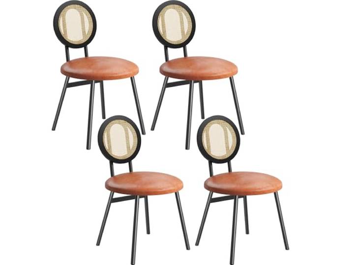 GarveeMore Rattan-Esszimmerstühle Set, PU-Leder, Schwarz/Braun,4er-Pack Gepolsterte Sitzfläche, Runde Rattan-Rückenlehne, stabile Metallbeine - Side Chairs für Esszimmer/Wohnzimmer/Schlafzimmer