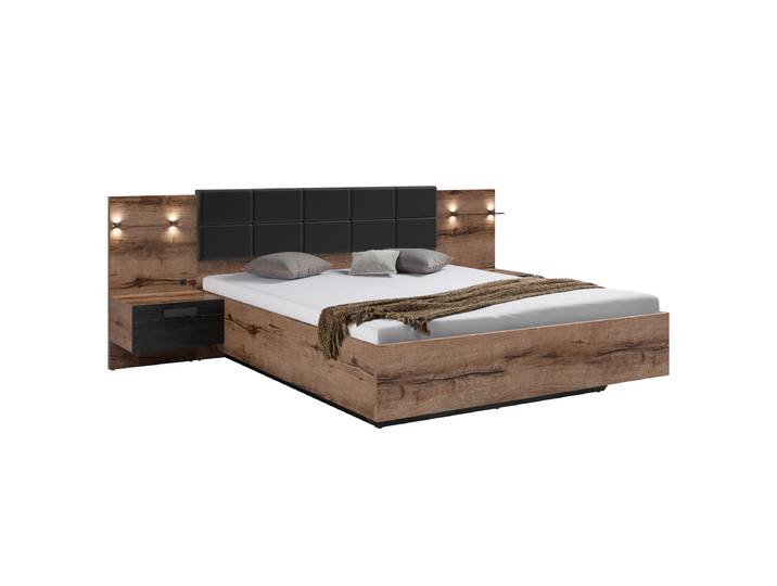 Cadre de lit éclairé Ponsetia 160 x 200cm Cuir synthétique Marron Chêne