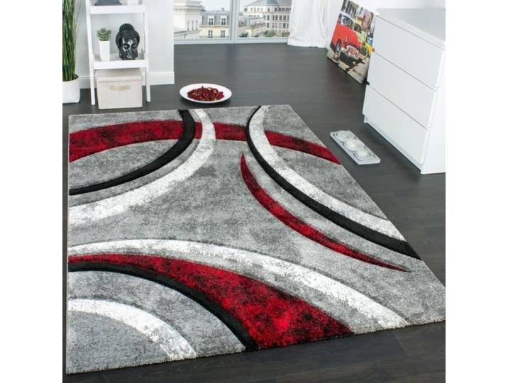 Tapis - ZGEER - Design à Contours - 60x110 cm - Motif Ligné - Gris Noir Rouge Crème TAPIS