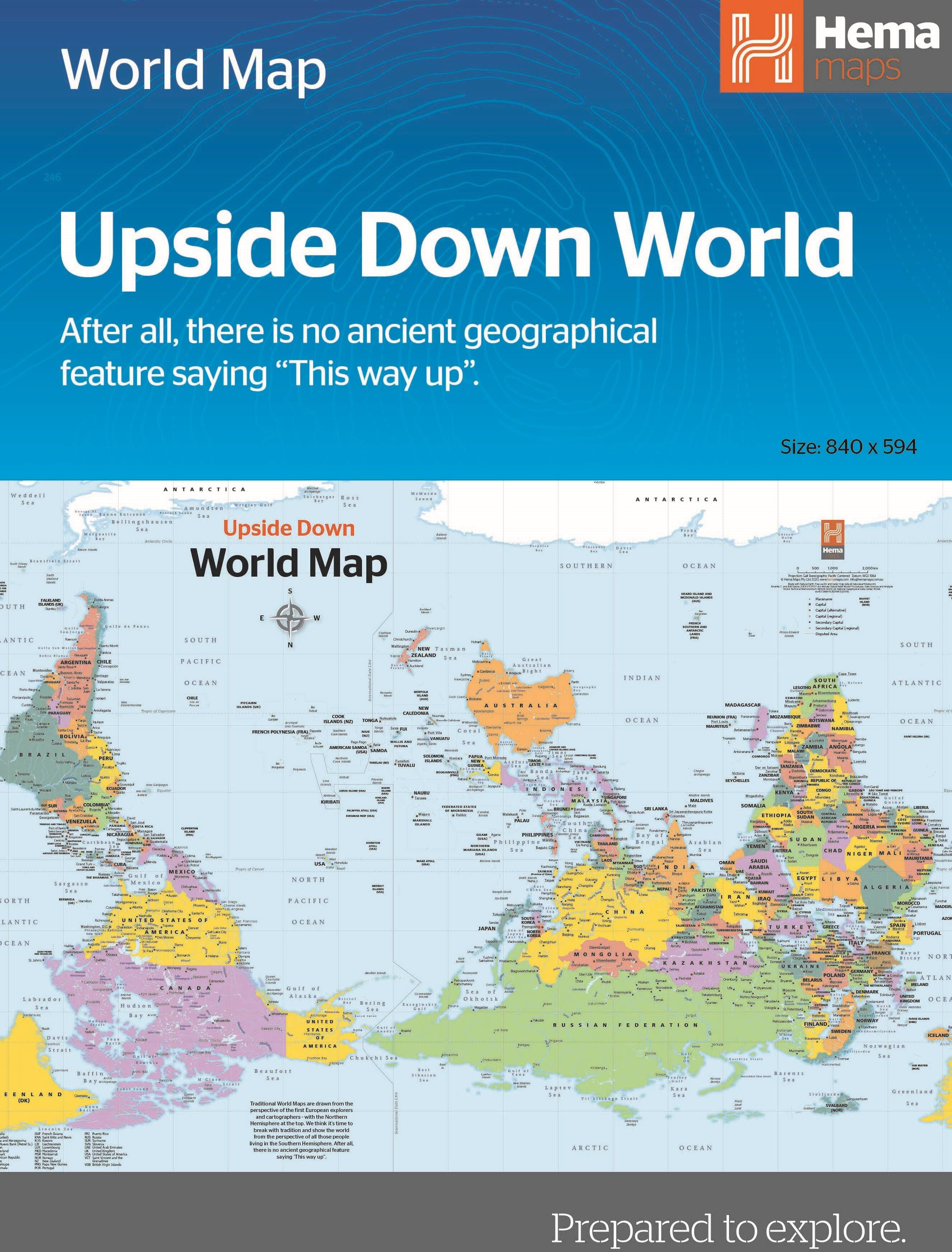 Carte murale pliée - Monde politique upside down (anglais)   Hema Maps